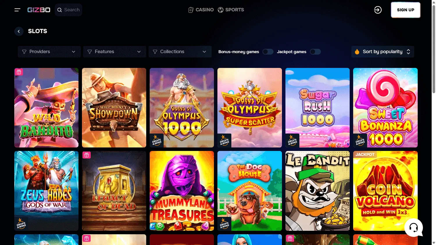 Gizbo Casino desktop games area with pokies and casino categories