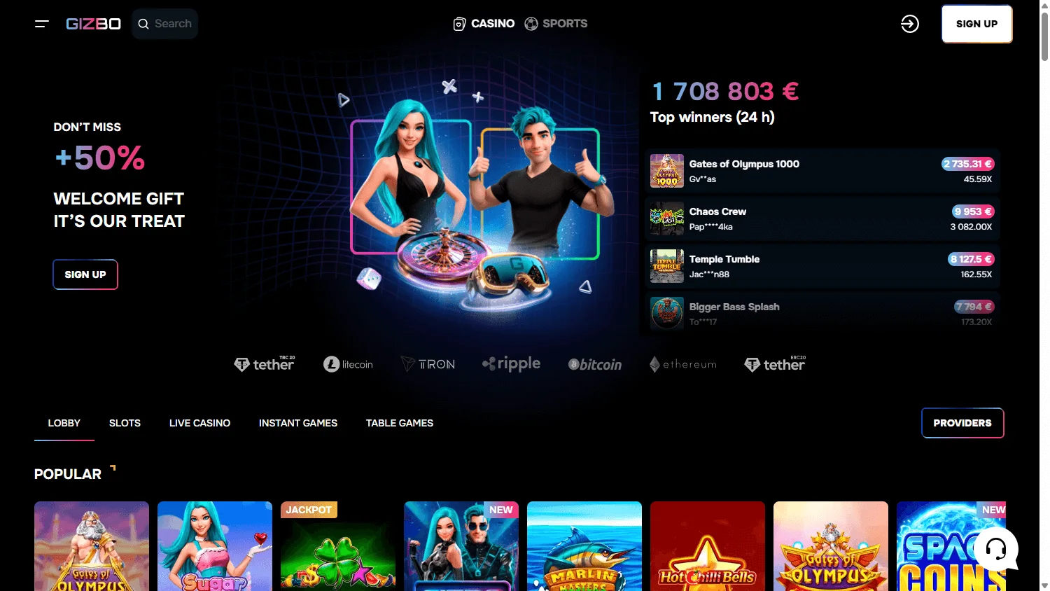 Gizbo Casino desktop home interface with casino services and promotional areas