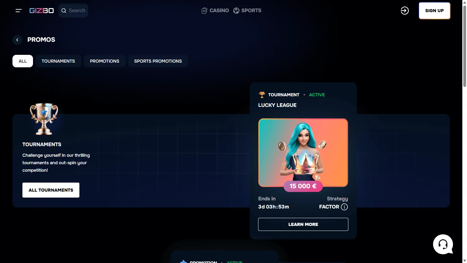 Gizbo Casino desktop promotions area with welcome and loyalty offers