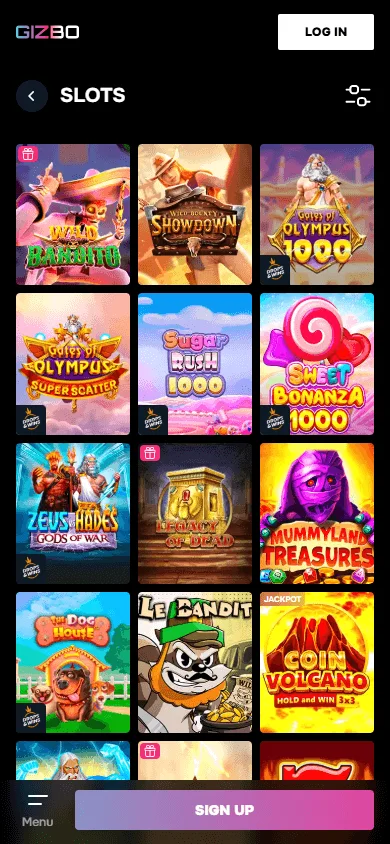 Gizbo Casino mobile games area with pokies and live casino categories