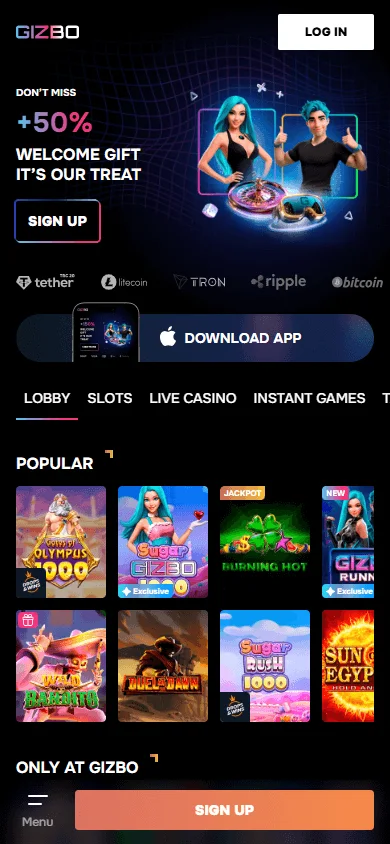 Gizbo Casino mobile home interface with games, promotions and account tools