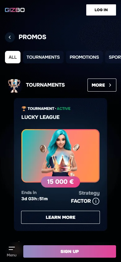 Gizbo Casino mobile promotions area with bonuses and loyalty rewards